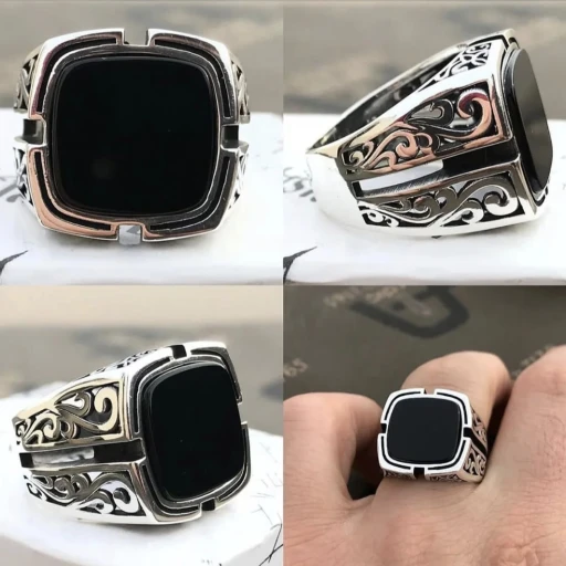 انگشتر رکاب نقره 925 و نگین عقیق مشکی